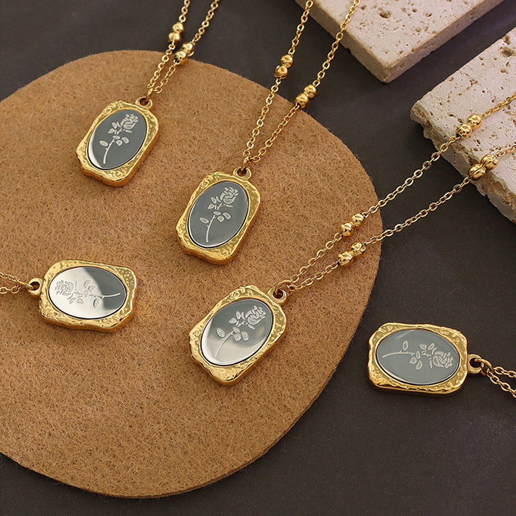 Chic Square Rectangle Pendant Necklace for Women, Magic Mirror Flower Pendant Vantage Statement Anti Tarnish Jewelry