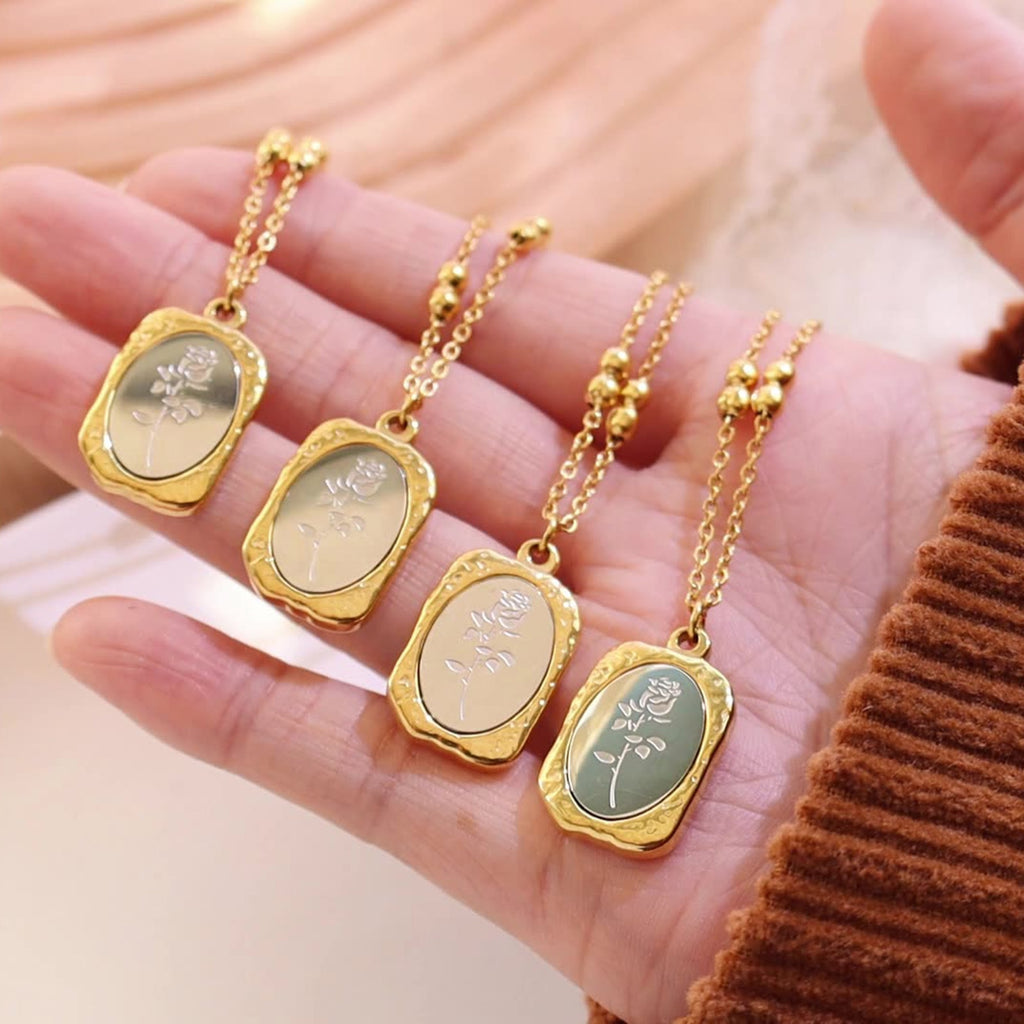 Chic Square Rectangle Pendant Necklace for Women, Magic Mirror Flower Pendant Vantage Statement Anti Tarnish Jewelry