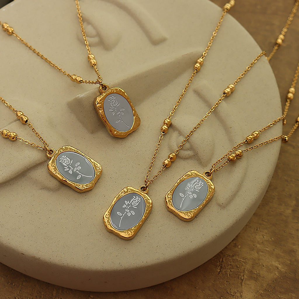 Chic Square Rectangle Pendant Necklace for Women, Magic Mirror Flower Pendant Vantage Statement Anti Tarnish Jewelry