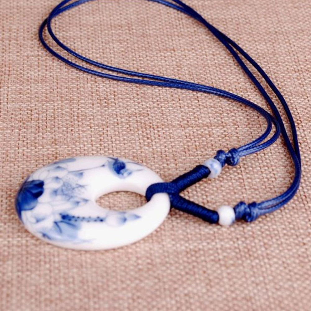 China Style Handmade Jewelry Decorated Ethnic Style Long Woven Necklace Ceramic Jewelry