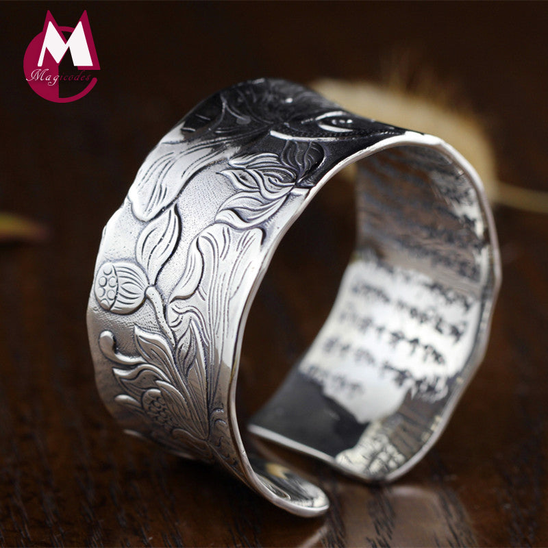 Chinese Lotus Flower Buddhist Heart Sutra Women Bangles 100% 999 Sterling Silver Bracelets Bangles For Women Ethnic Jewelry SB09