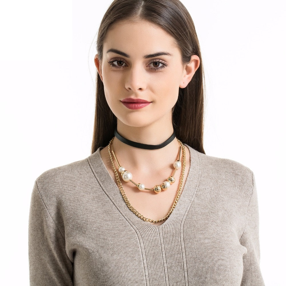 Choker Necklace Kolye Multilayer Simulated-pearl Leather Chokers Necklaces For Women Gold/Silver Color Chain Bijoux