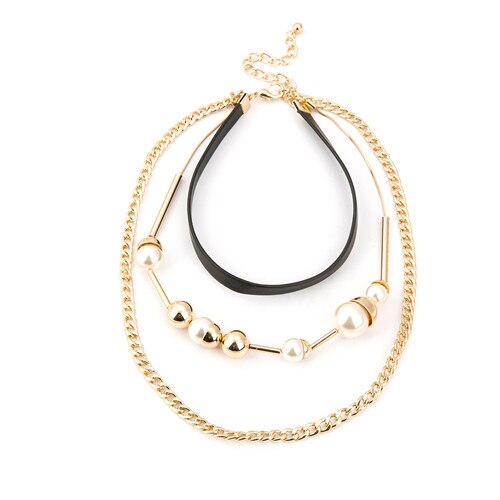 Choker Necklace Kolye Multilayer Simulated-pearl Leather Chokers Necklaces For Women Gold/Silver Color Chain Bijoux