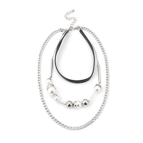 Choker Necklace Kolye Multilayer Simulated-pearl Leather Chokers Necklaces For Women Gold/Silver Color Chain Bijoux