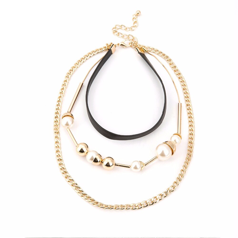 Choker Necklace Kolye Multilayer Simulated-pearl Leather Chokers Necklaces For Women Gold/Silver Color Chain Bijoux