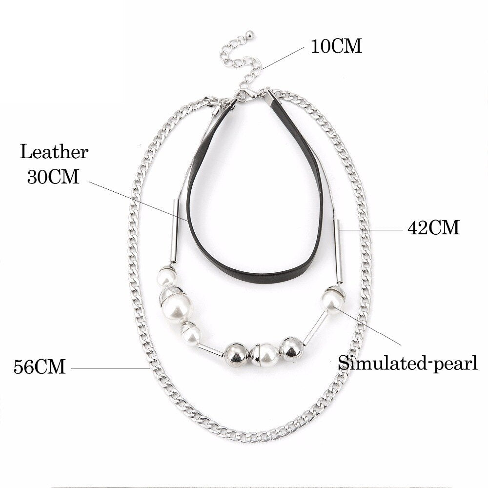 Choker Necklace Kolye Multilayer Simulated-pearl Leather Chokers Necklaces For Women Gold/Silver Color Chain Bijoux