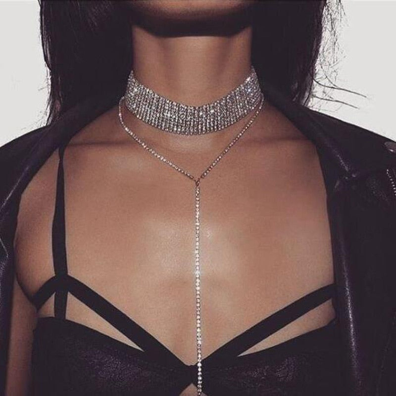 Choker Necklace Women Multi Row Full Crystal Wedding Party Prom Christmas Long Necklace Sexy Gold Rhinestone Statement Chocker