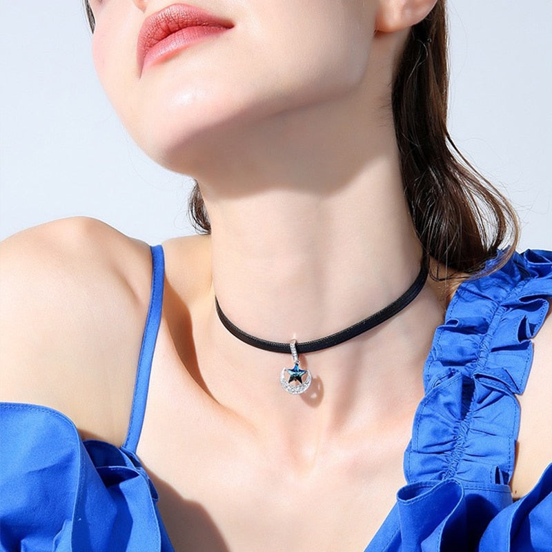 Choker Stellaluna Pendant Temperament Necklace Flexible Leather Cord Exaggerated Atmosphere Simplicity Blue Star Gift
