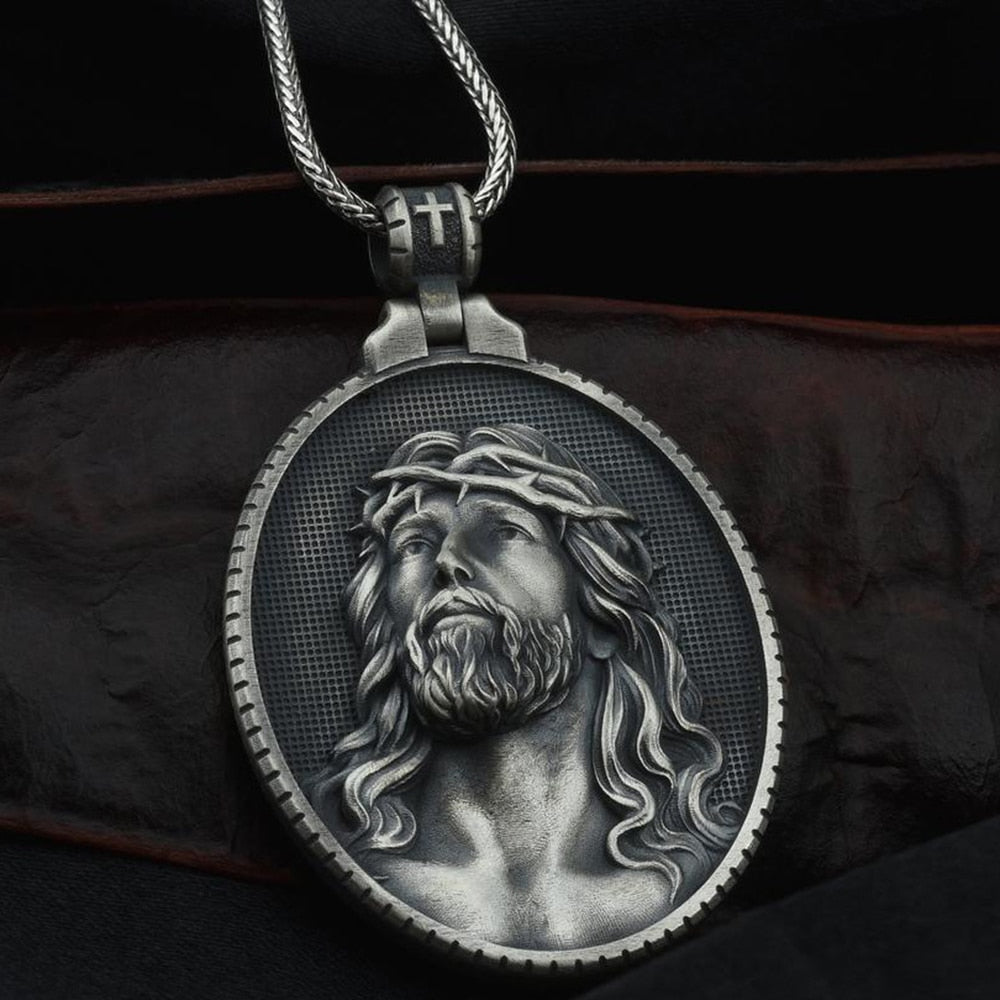 Christ Jesus Pure Tin Do Old Pendant Men Religion Catholic Necklace Vintage Commemorative Medallion Pendants Chain Necklaces