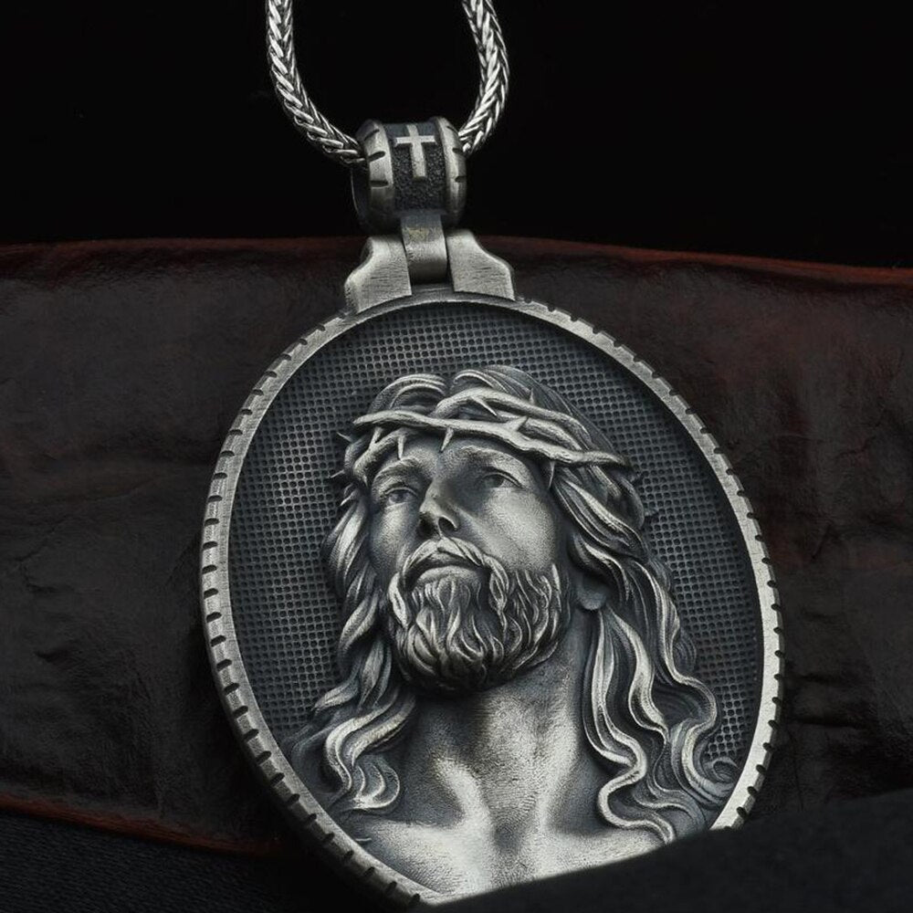 Christ Jesus Pure Tin Do Old Pendant Men Religion Catholic Necklace Vintage Commemorative Medallion Pendants Chain Necklaces