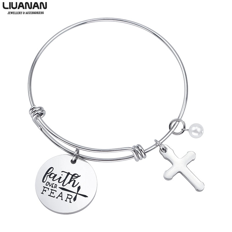 Christian Cross Bracelet Faith Over Fear Bangle Bracelets Stainless Steel Inspirational Religious Gift Daily Reminder