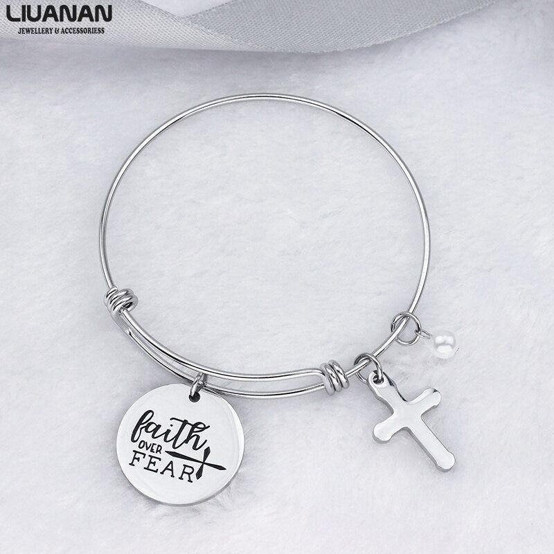 Christian Cross Bracelet Faith Over Fear Bangle Bracelets Stainless Steel Inspirational Religious Gift Daily Reminder