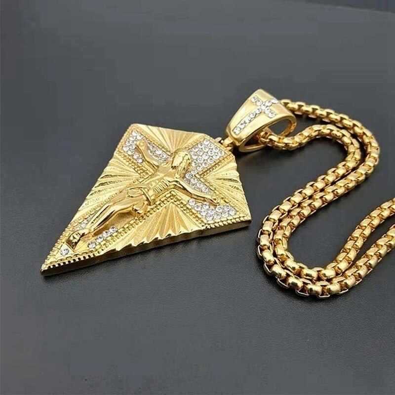 Christian Cross Jesus Triangle Diamond Pendant Women's Necklace Metal Religious Accessories Party Jewelry