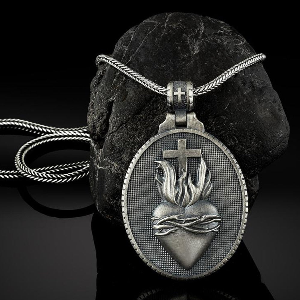 Christian Jesus Sacred Heart Medal Round Cross Pendant Necklace Men's Catholic Religious Pendant Chain Necklace