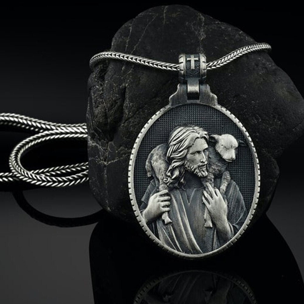 Christian Jesus Shepherd Dog Catholic Religious Style Men's Pendant Necklace Sweater Chain Necklace