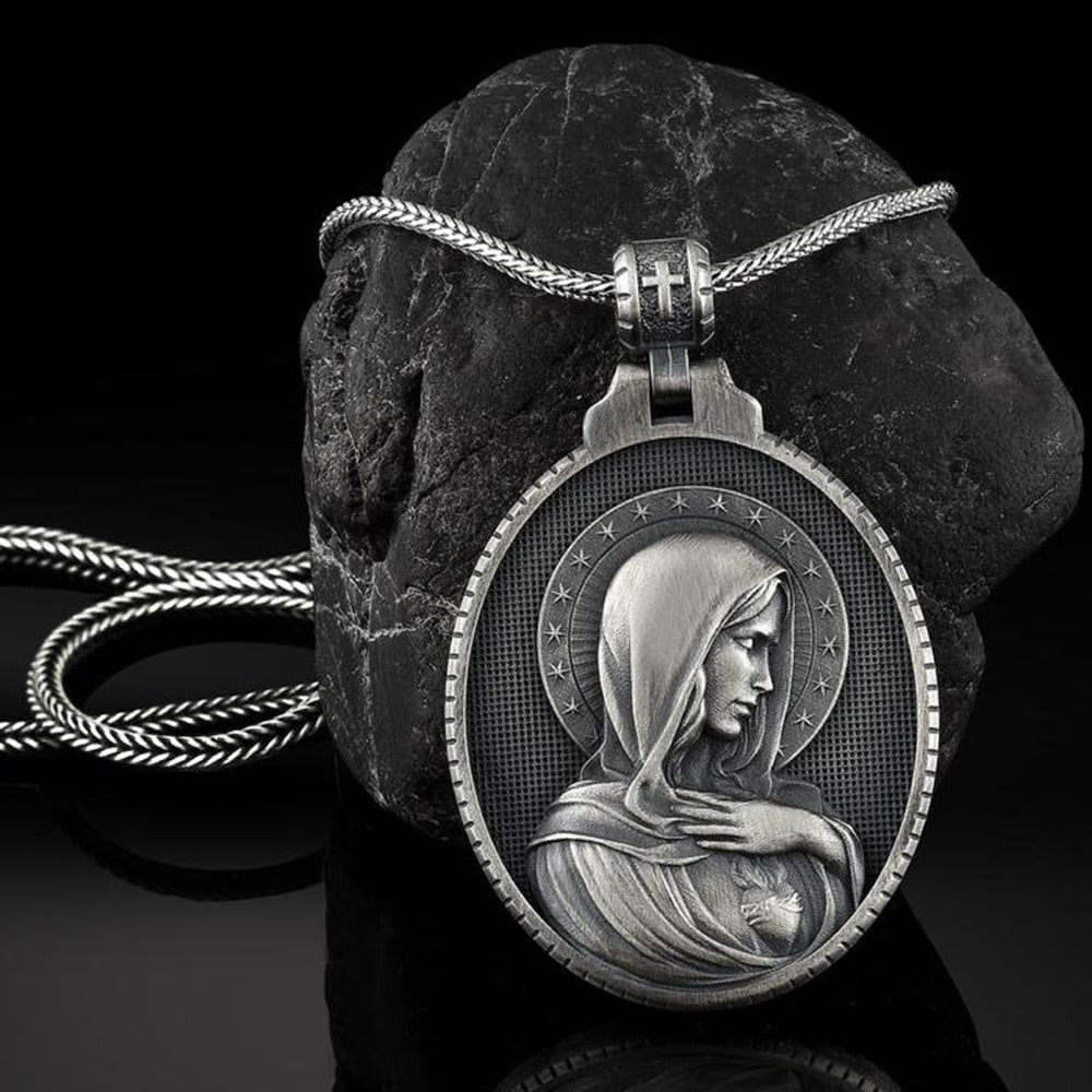 Christian Mary Sacred Heart Pendant Necklace Men's Retro Catholic Religious Tag Chain Necklaces for women