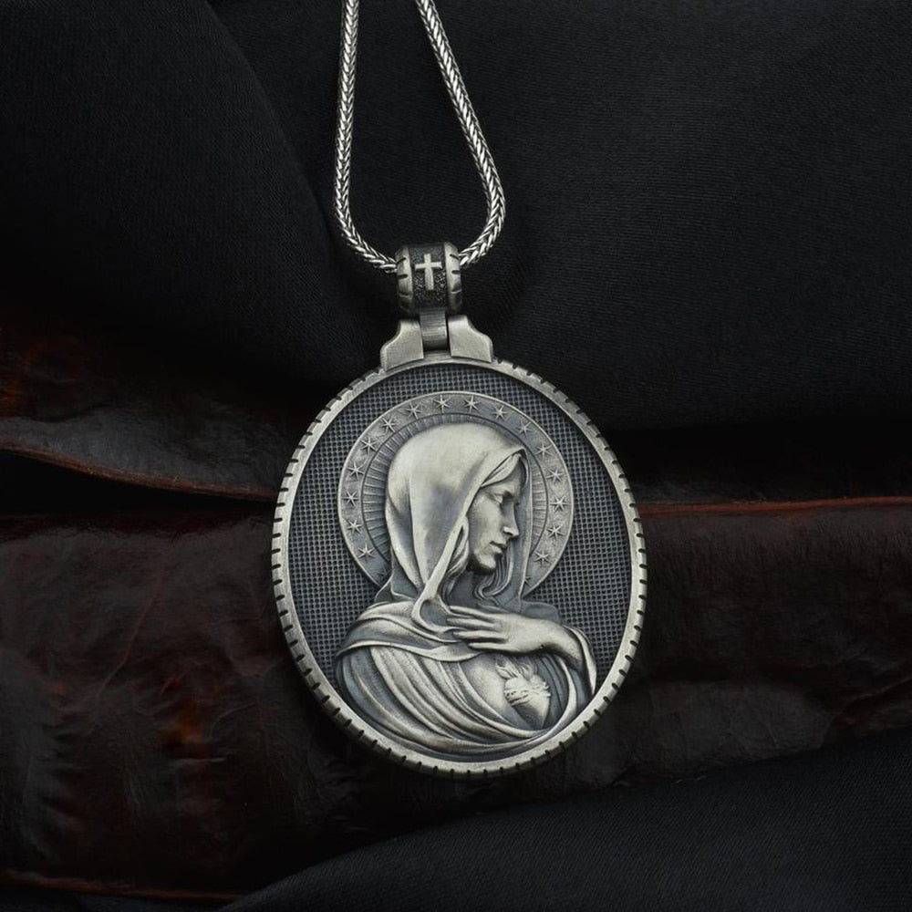 Christian Mary Sacred Heart Pendant Necklace Men's Retro Catholic Religious Tag Chain Necklaces for women