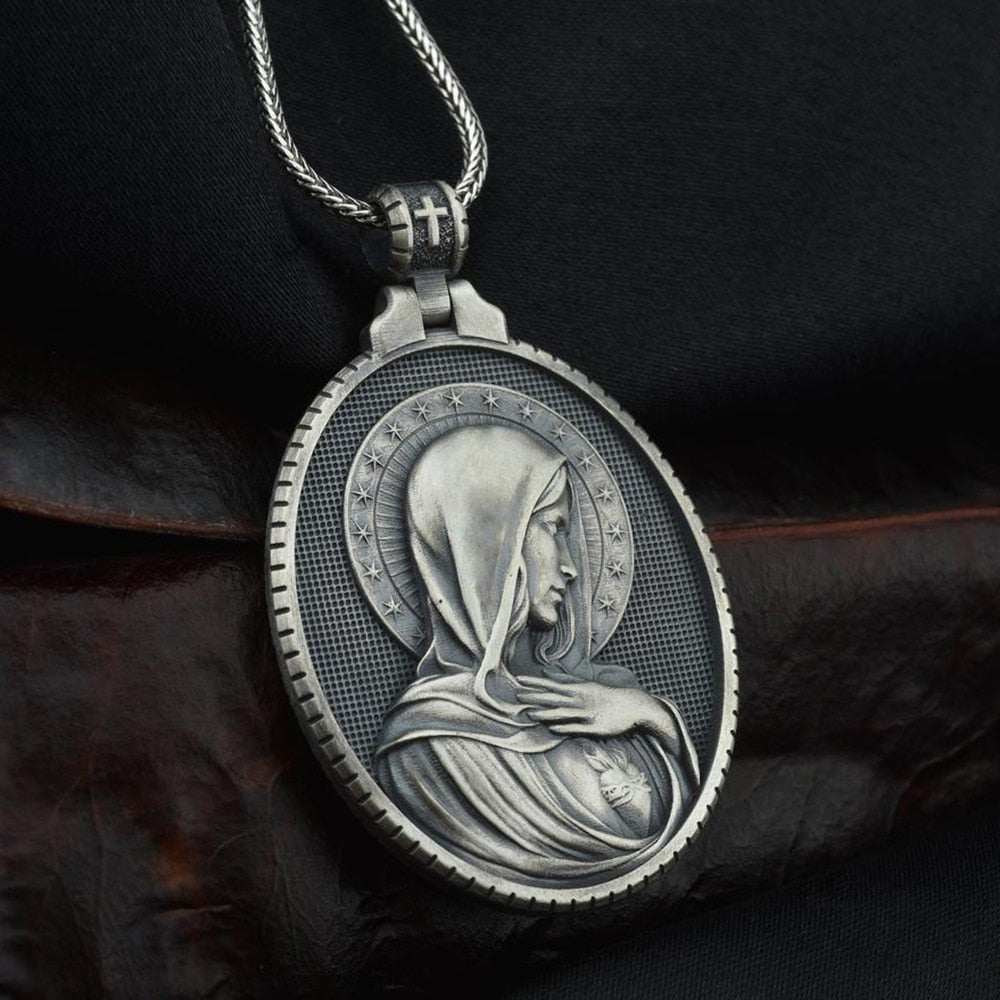 Christian Mary Sacred Heart Pendant Necklace Men's Retro Catholic Religious Tag Chain Necklaces for women