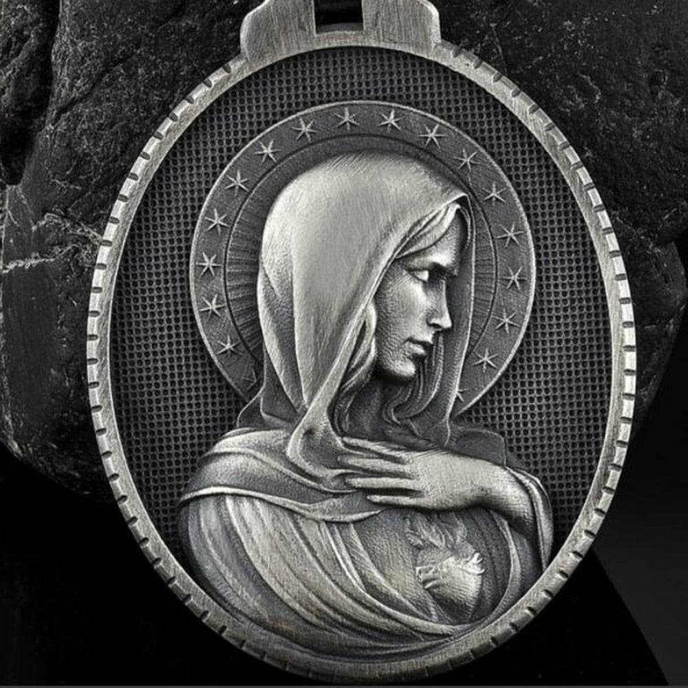 Christian Mary Sacred Heart Pendant Necklace Men's Retro Catholic Religious Tag Chain Necklaces for women