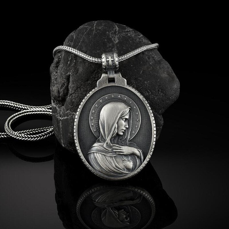 Christian Mary Sacred Heart pendant necklace men Vintage Catholic Badge Jewelry on the neck vintage tag man chain necklace