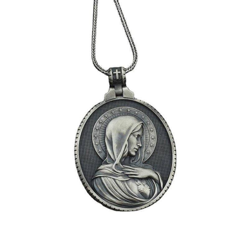 Christian Mary Sacred Heart pendant necklace men Vintage Catholic Badge Jewelry on the neck vintage tag man chain necklace