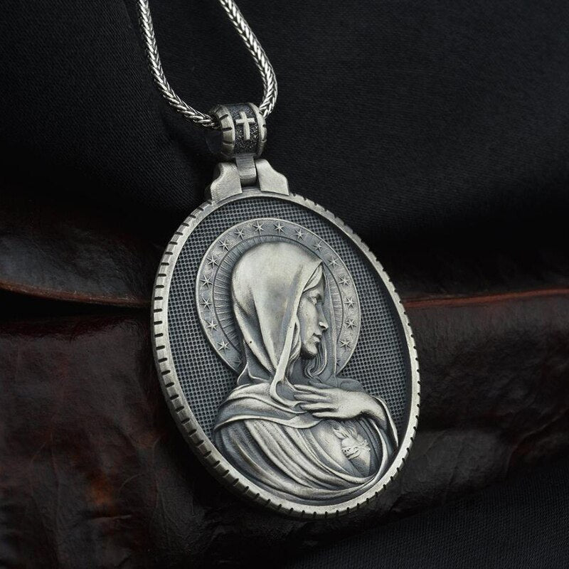 Christian Mary Sacred Heart pendant necklace men Vintage Catholic Badge Jewelry on the neck vintage tag man chain necklace