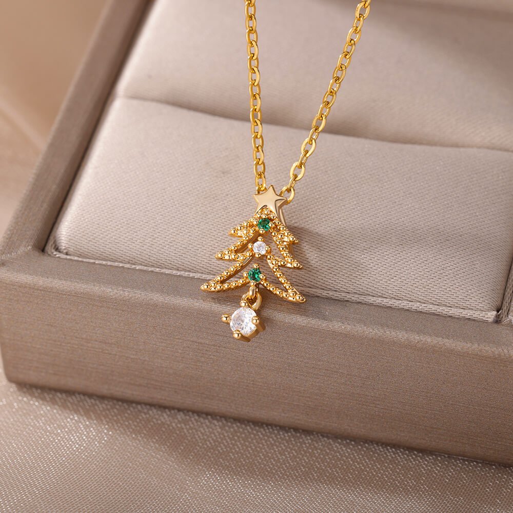Christmas Tree Pendant Necklace for Women Stainless Steel Gold Color Zircon Necklaces 2023 Trend Christmas Jewelry collares