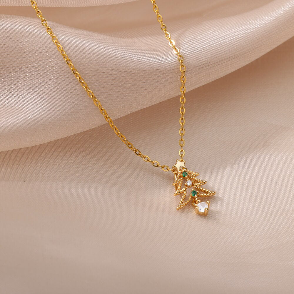 Christmas Tree Pendant Necklace for Women Stainless Steel Gold Color Zircon Necklaces 2023 Trend Christmas Jewelry collares
