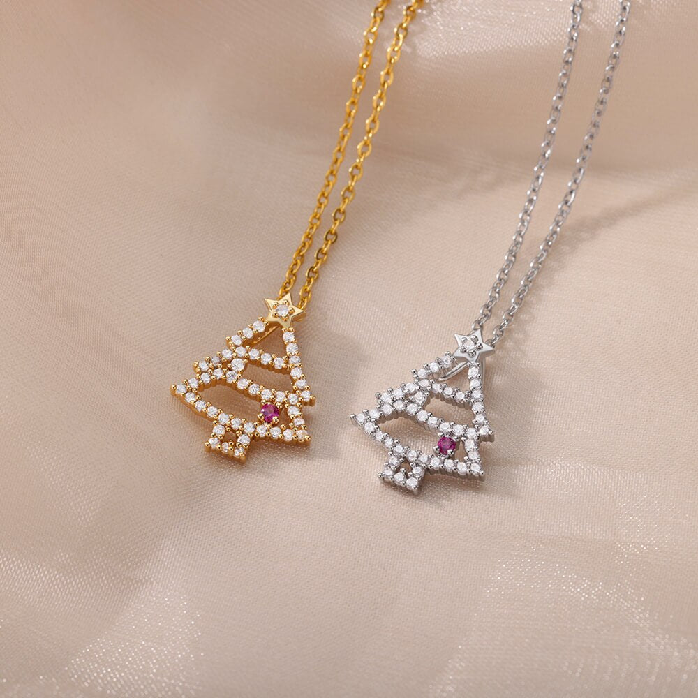 Christmas Tree Pendant Necklace for Women Stainless Steel Gold Color Zircon Necklaces 2023 Trend Christmas Jewelry collares