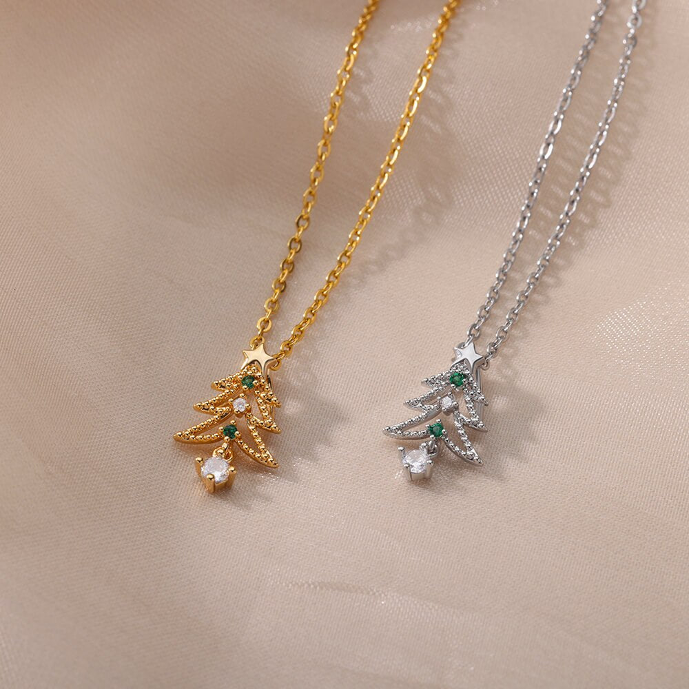 Christmas Tree Pendant Necklace for Women Stainless Steel Gold Color Zircon Necklaces 2023 Trend Christmas Jewelry collares