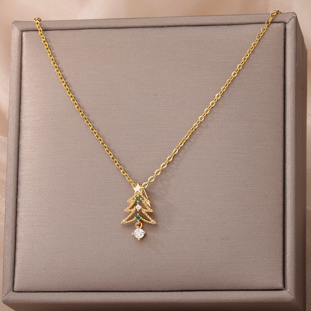 Christmas Tree Pendant Necklace for Women Stainless Steel Gold Color Zircon Necklaces 2023 Trend Christmas Jewelry collares