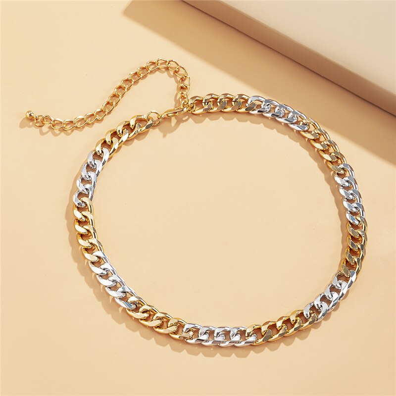 Chunky Cuban Link Chain Choker Necklace Exaggerated Geometric Asymmetric Contrast Gold Silver Color Clavicle Collar Collier