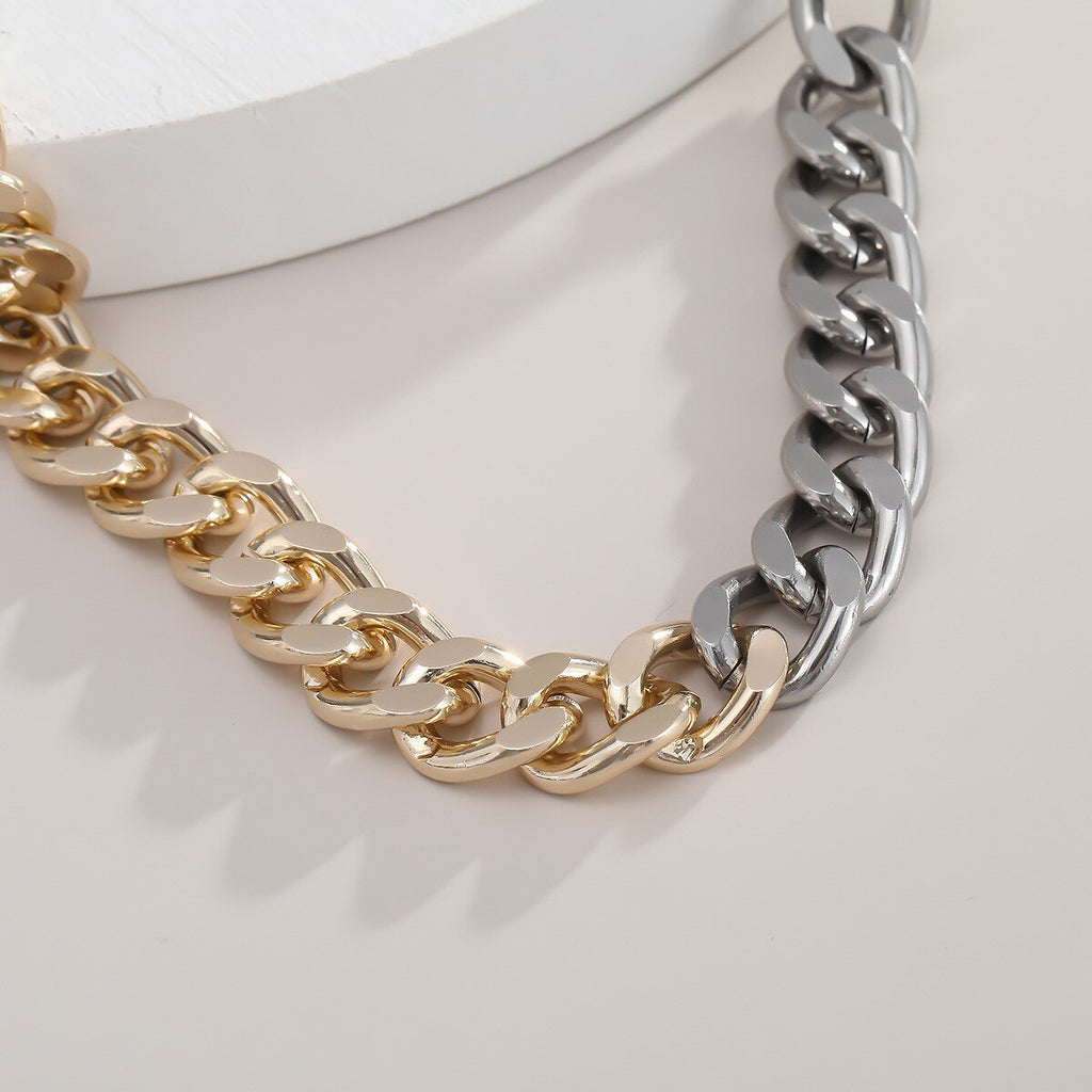 Chunky Cuban Link Chain Choker Necklace Exaggerated Geometric Asymmetric Contrast Gold Silver Color Clavicle Collar Collier
