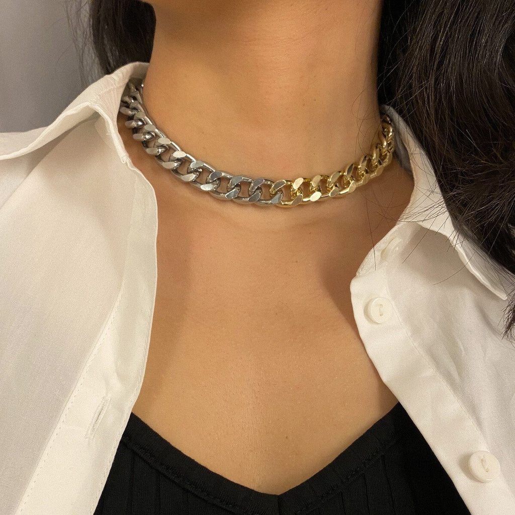 Chunky Cuban Link Chain Choker Necklace Exaggerated Geometric Asymmetric Contrast Gold Silver Color Clavicle Collar Collier
