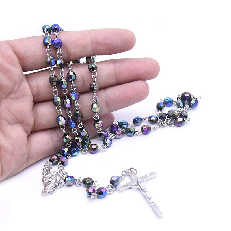 Church Colorful Acrylic Beads Rosaries Catholic Jesus Cross Pendants Necklaces for Men Virgin Mary Religious Prayer Jewelry