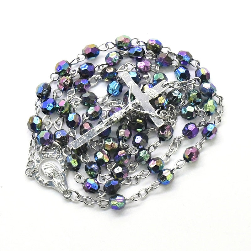 Church Colorful Acrylic Beads Rosaries Catholic Jesus Cross Pendants Necklaces for Men Virgin Mary Religious Prayer Jewelry