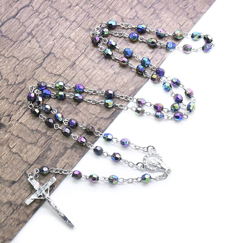 Church Colorful Acrylic Beads Rosaries Catholic Jesus Cross Pendants Necklaces for Men Virgin Mary Religious Prayer Jewelry
