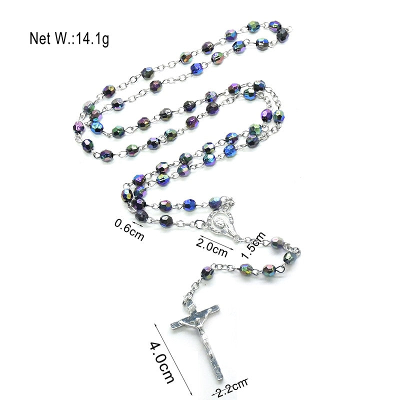 Church Colorful Acrylic Beads Rosaries Catholic Jesus Cross Pendants Necklaces for Men Virgin Mary Religious Prayer Jewelry