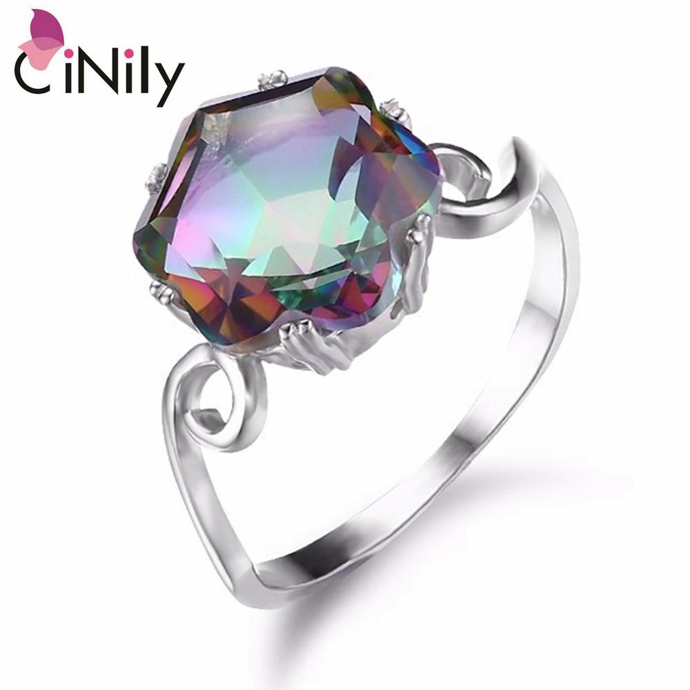 Authentic. Solid 925 Sterling Silver Created Mystic Topaz Round-Shape for Women Fine Jewelry Wedding Ring Size 6-9 SR015