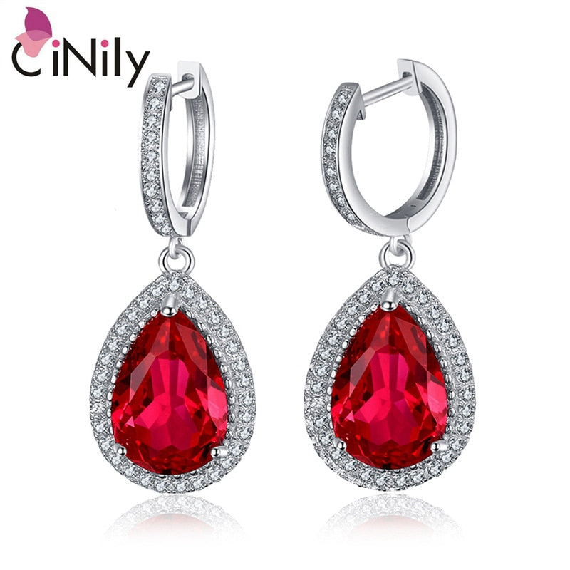 Authentic. Solid 925 Sterling Silver Created Red Ruby Fine Jewelry for Women Wedding Engagement Drop Earrings SE034