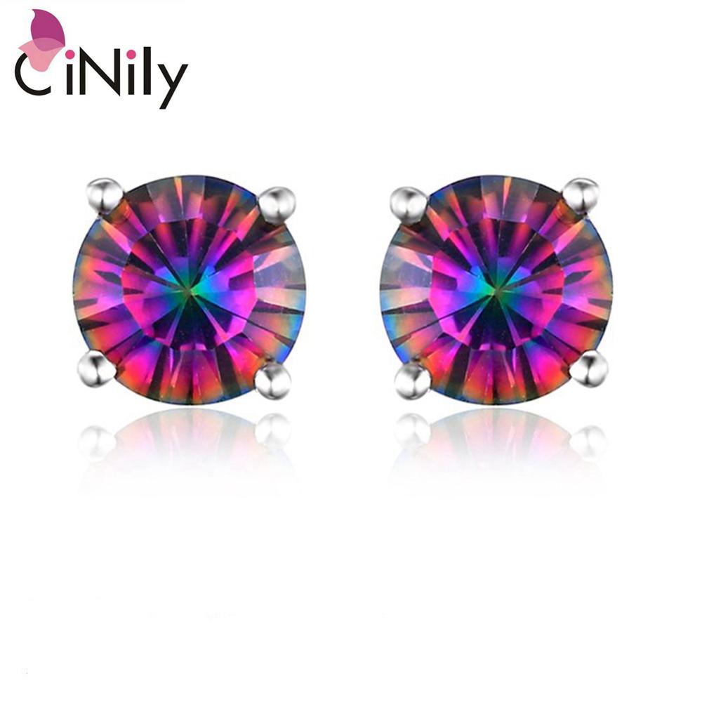 Authentic Solid 925 Sterling Silver Earrings Created Mystic Topaz Round Shape for Women Fine Jewelry Stud Earrings SE041