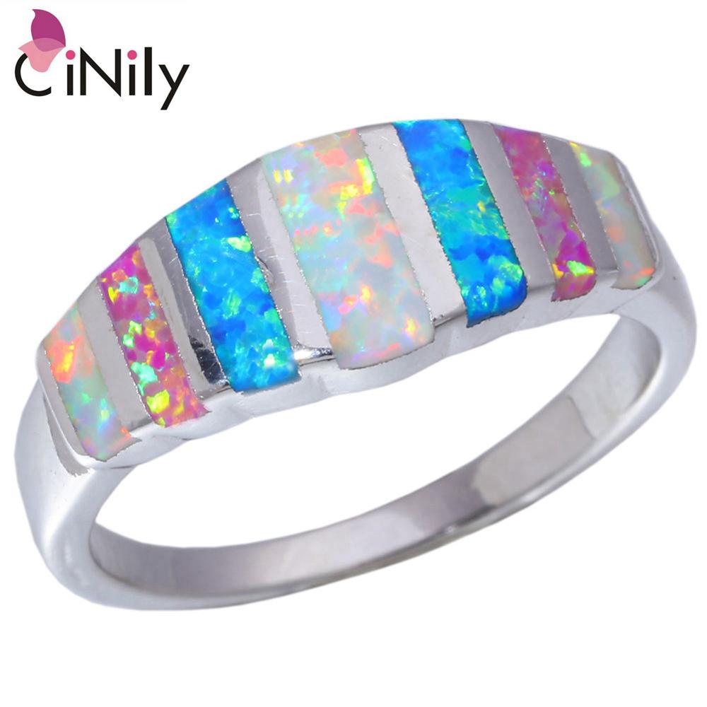 Solid 925 Sterling Silver Created White Blue Pink Fire Opal Wholesale for Women Jewelry Wedding Ring Size 7-8 SR007