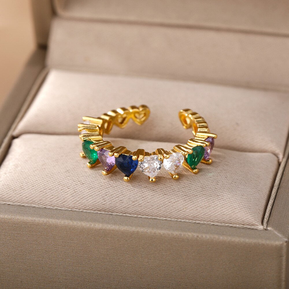 Cincin Hati Zirkon Warna-warni untuk Wanita Cincin Kristal Baja Tahan Karat Dapat Disesuaikan Terbuka Hadiah Perhiasan Pernikahan Pasangan Pesta Anillos