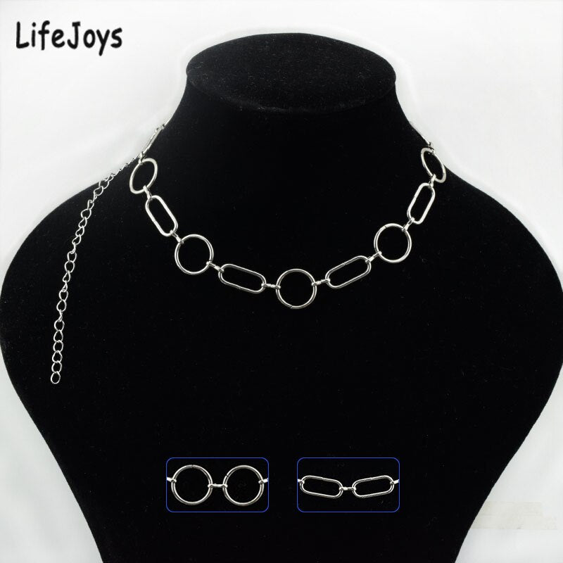 Circle Chain Choker Necklace Stainless Steel Rectangle Chain Link Chunky Necklace Hip Hop Jewelry Ins Statement Silver Color