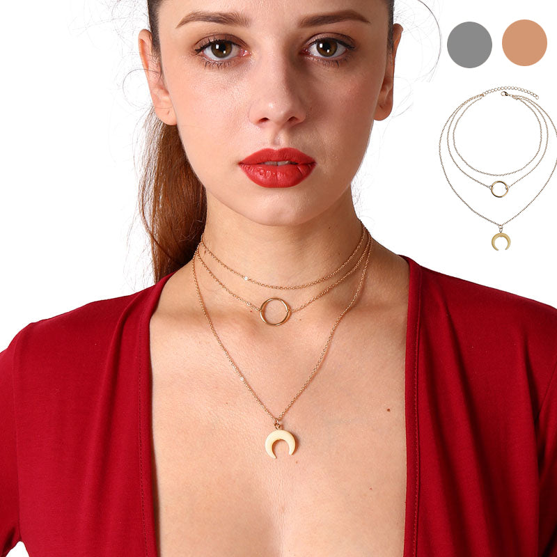 Circle Ox Horn Multi Layer Chain Necklace Pendant Moon Gold Silver Trendy Long Necklaces Choker Fashion Bohemia Crescent
