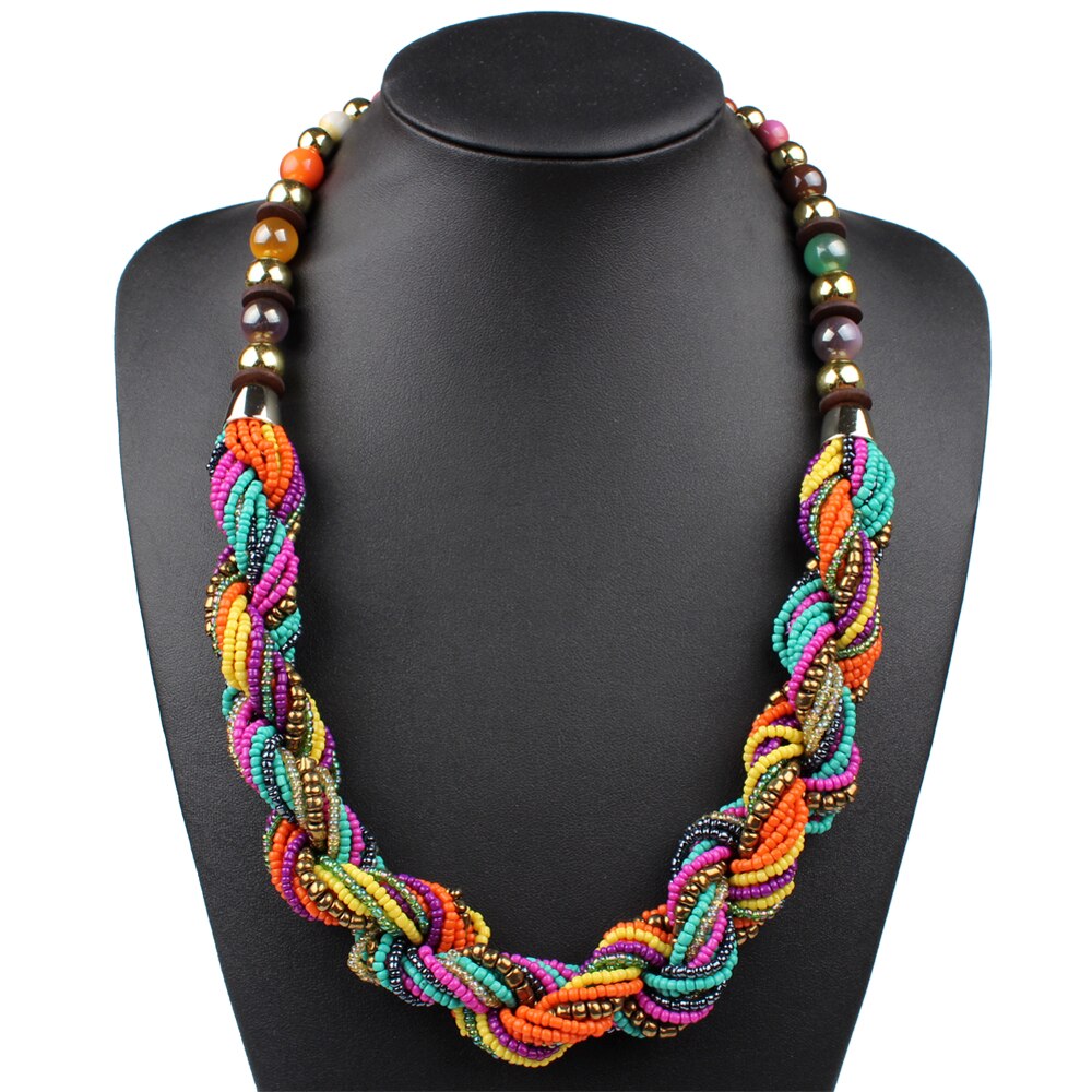 Claire Jin Bohemian Bead Necklace Colorful Women Boho Jewelry Strand Multi Layer Twisted Summer Vintage Ethnic Necklaces