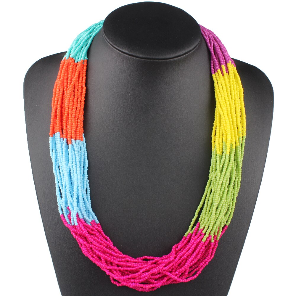 Claire Jin Handmade Small Beads Strand Colorful Bohemian Necklace Women Choker Multi Layer Necklaces Vintage Jewelry