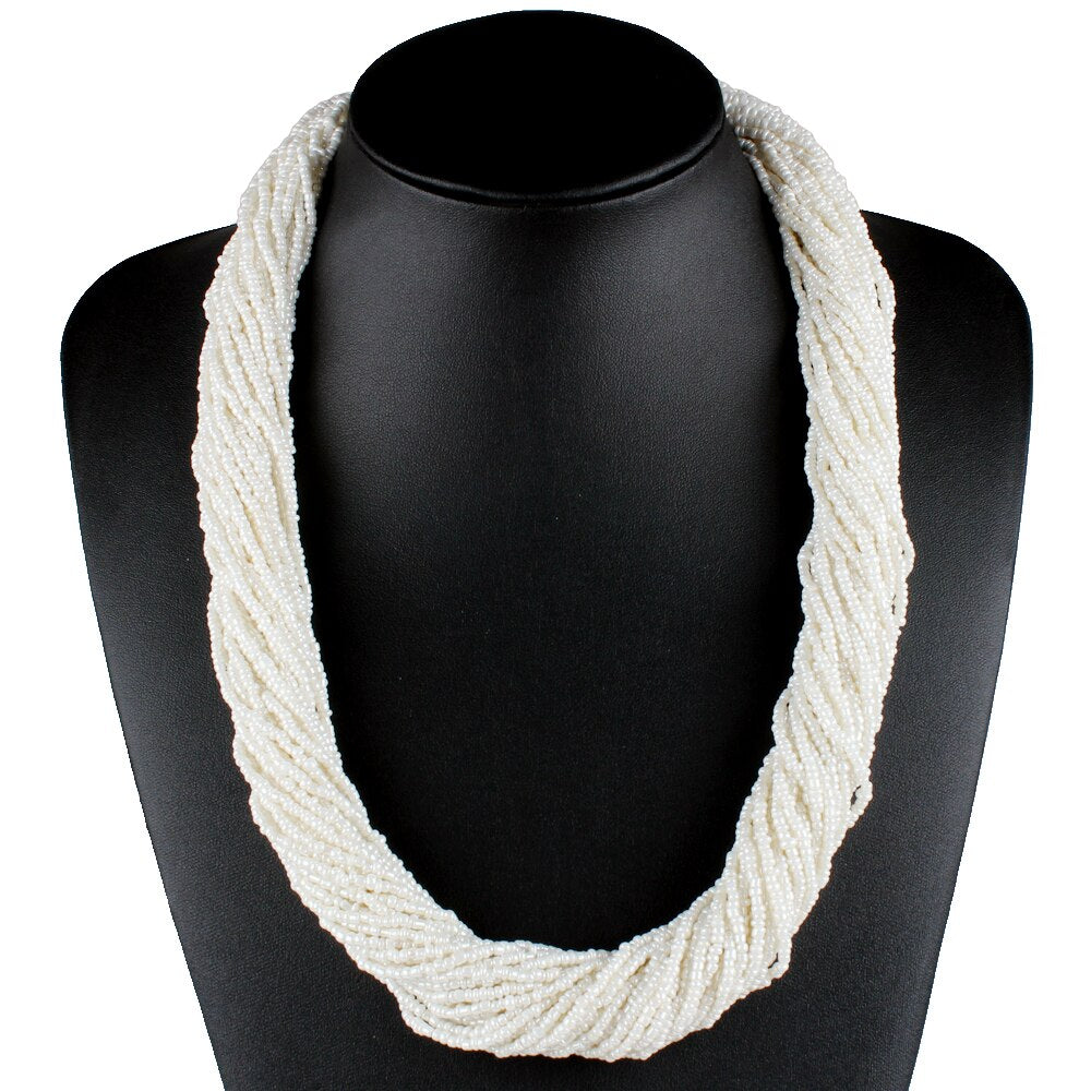 Claire Jin Small Beads Necklace Women Handmade Strand Twisted Bohemian Necklaces Ethnic Boho Jewelry Summer Accessories