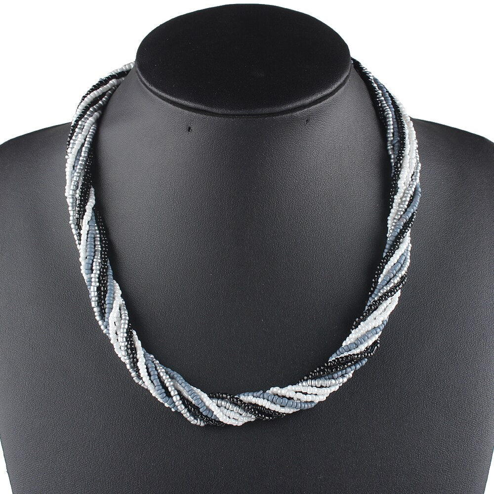 Claire Jin Two Tones Bohemian Necklace Women Vintage Multi Layer Necklaces Small Bead Boho Jewelry Manual Necklace