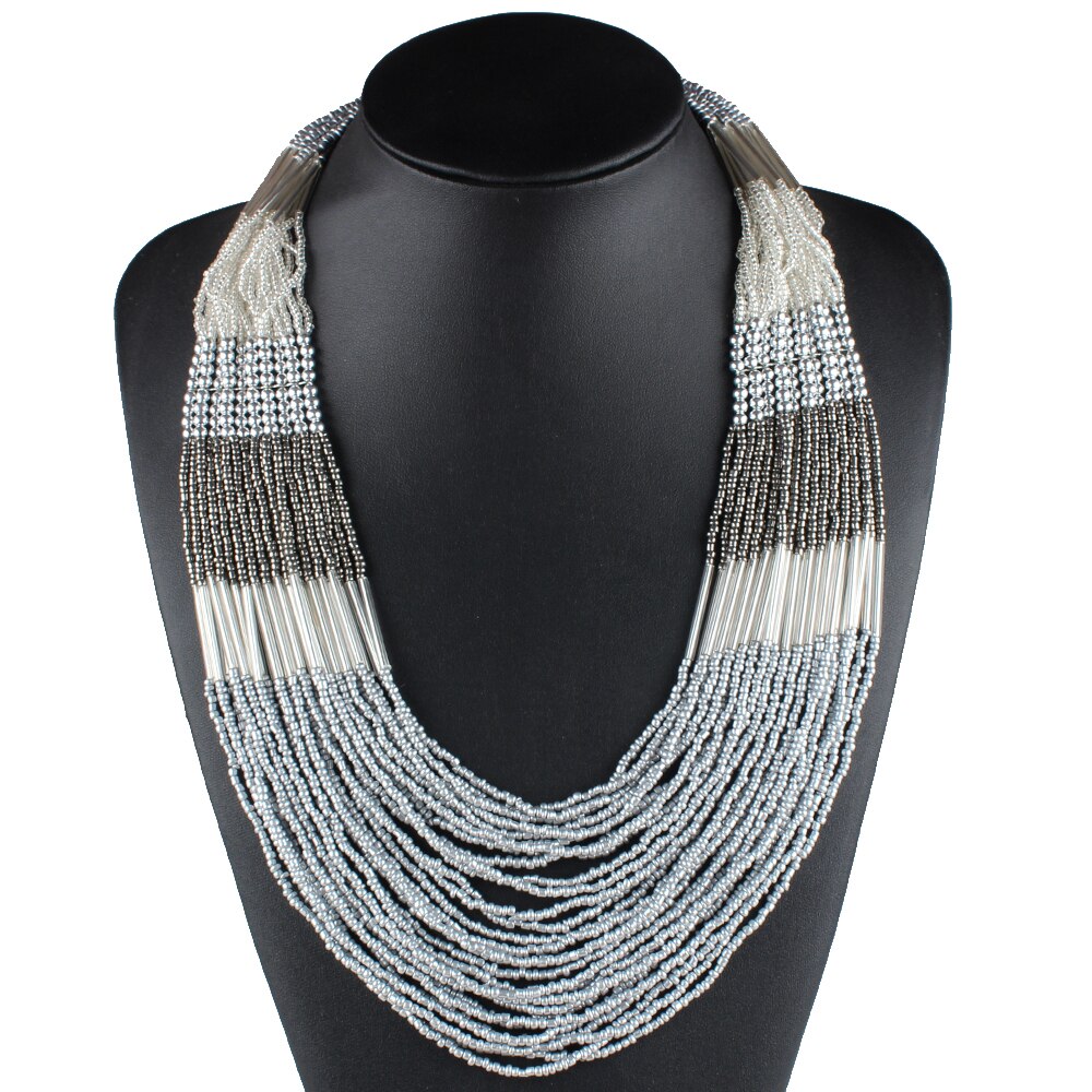Claire Jin Vintage Colorful Small Beads Strand Multi Layer Necklace Women Statement Choker Necklaces Bohemian Jewelry